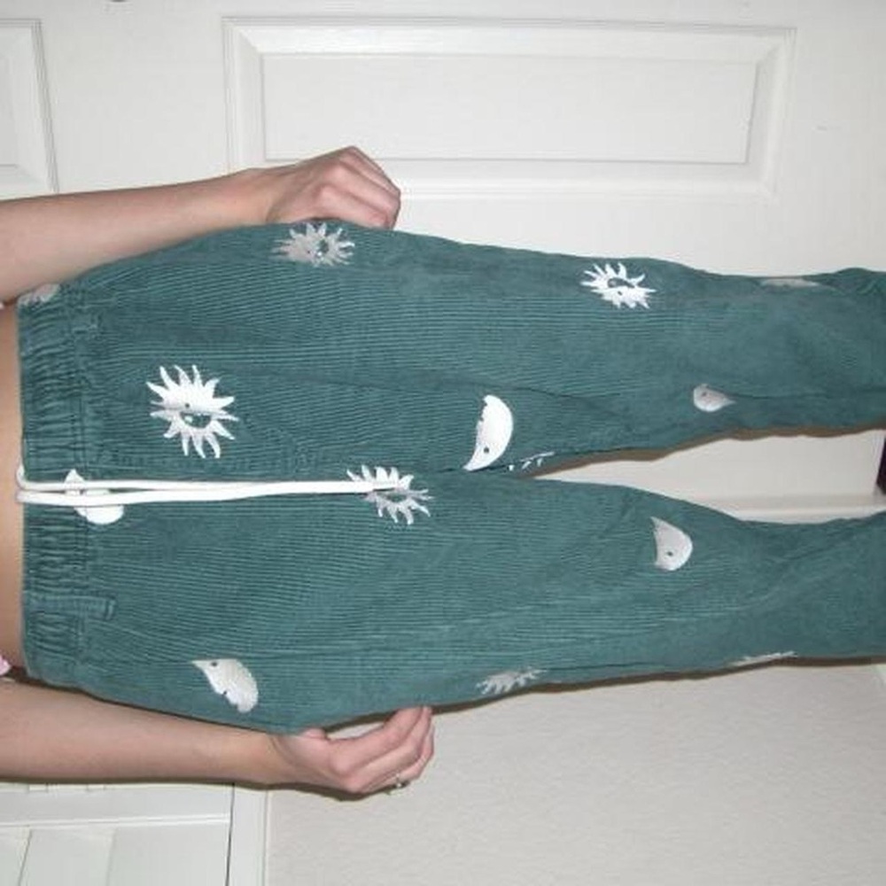 Green Corduroy Pants with sun and moon Print